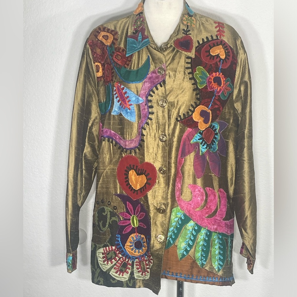 Sandy Starkman 100% Silk Embroidered Patchwork Jacket Vintage Size 1x Boho Art